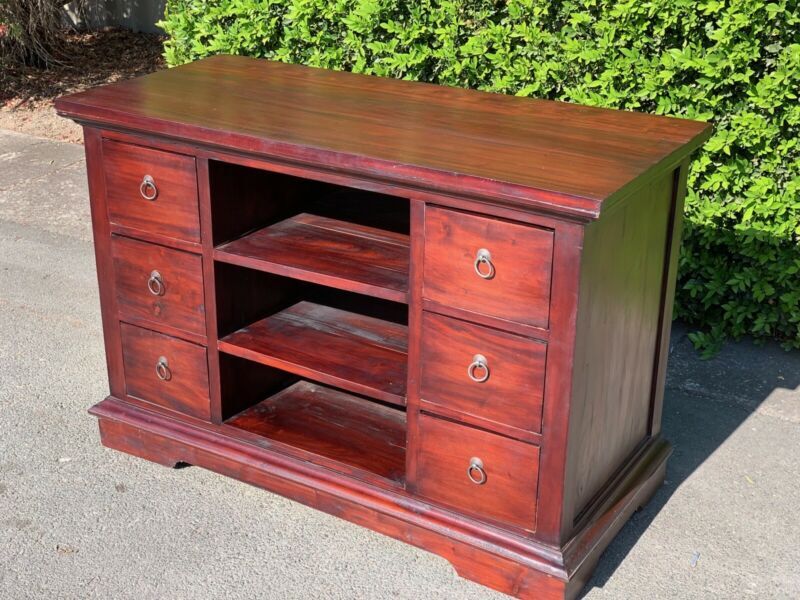 Mahogany Timber Entertainment Unit 6 Drawer TV Unit Stand – 110 x 50 x 76cm