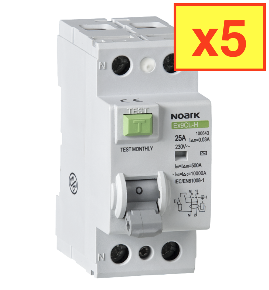 5x Noark Ex9CL-H 2P 63A AC 30mA 10kA Residual Current Circuit Breakers 100649