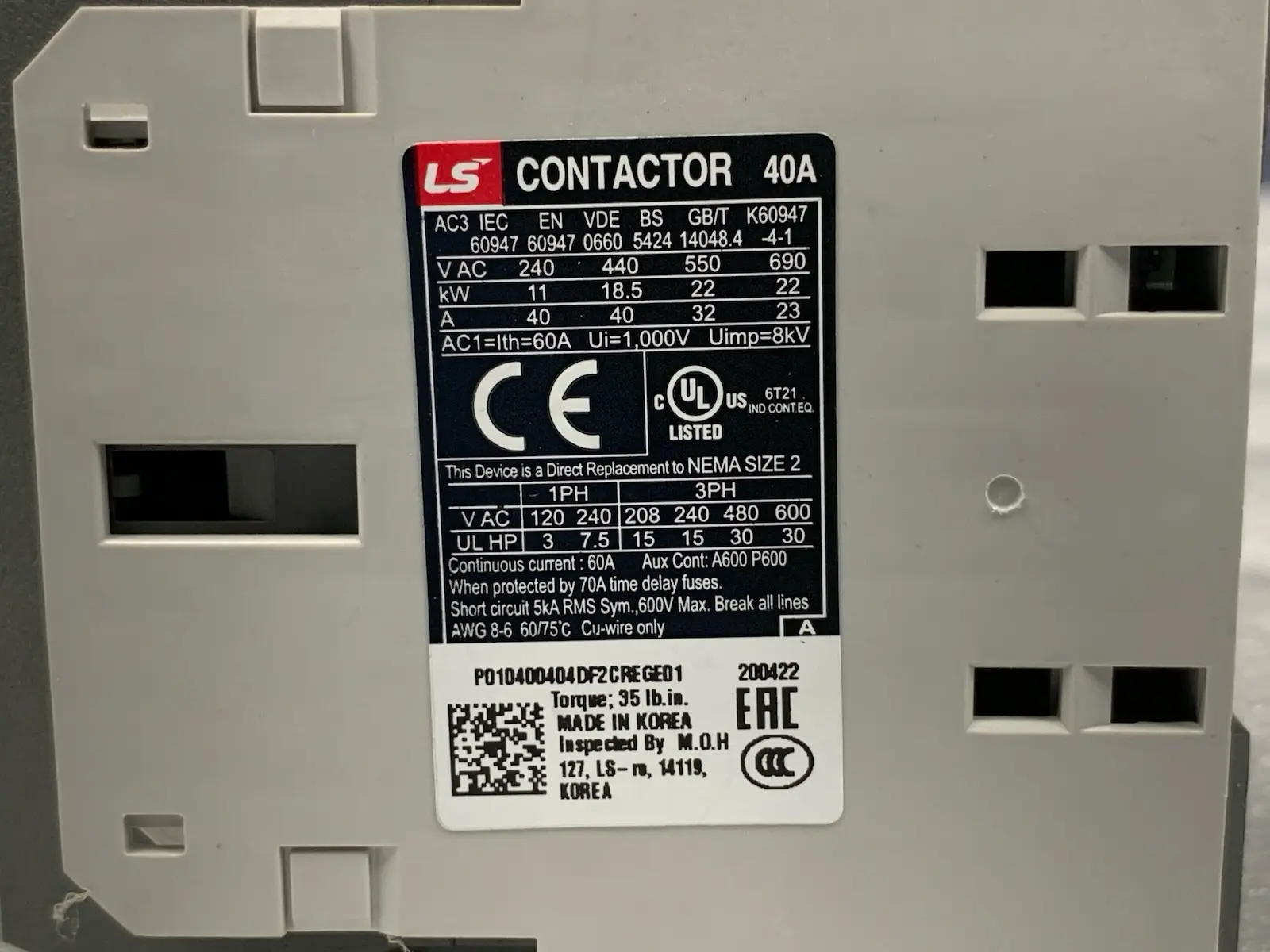 LS Electric Metasol MC-40A 230VAC 3-pole Electric Magnetic Contactor