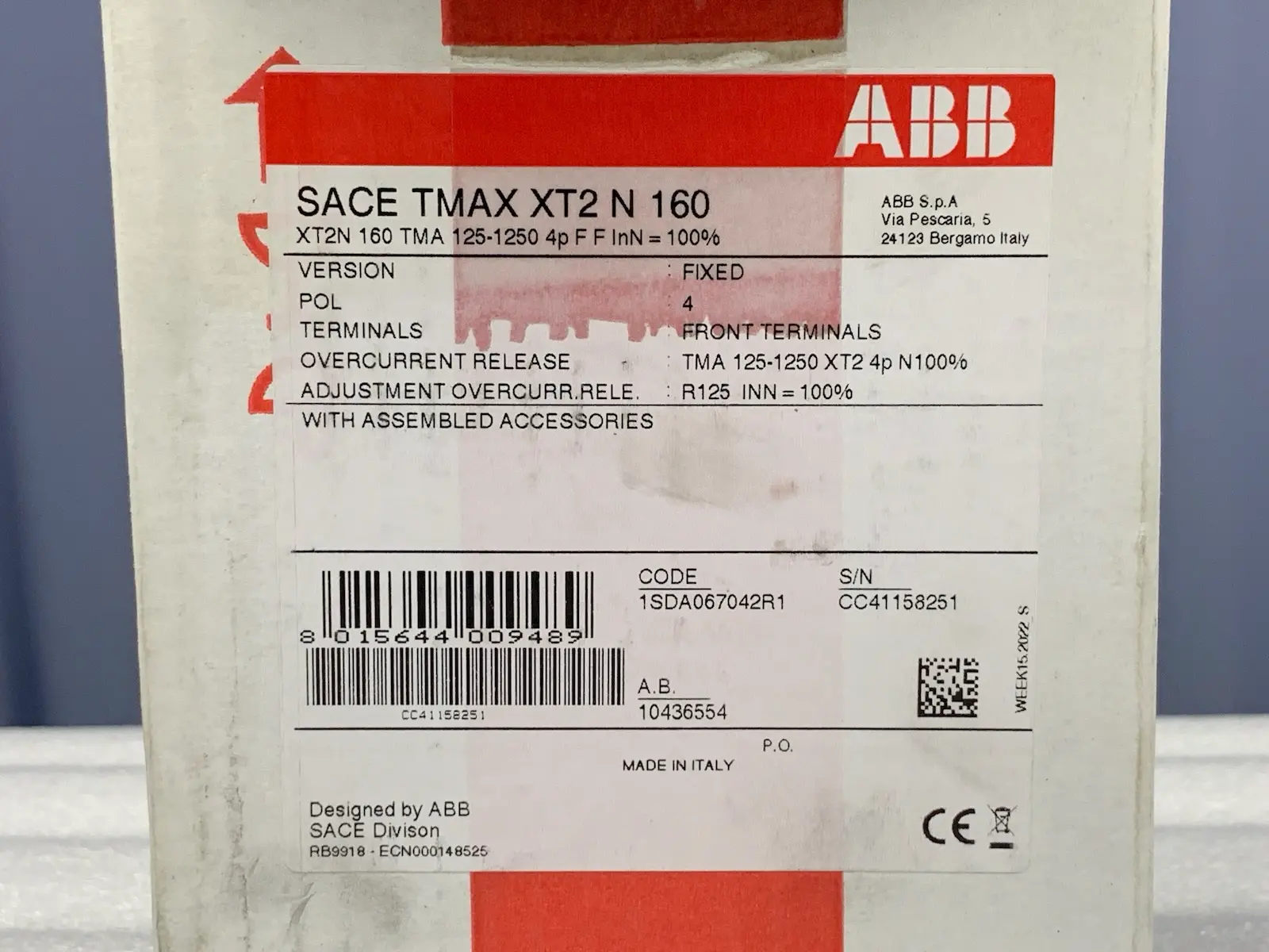 ABB SACE XT2N 160 TMA 125-1250 4p F F InN = 100% Circuit Breaker