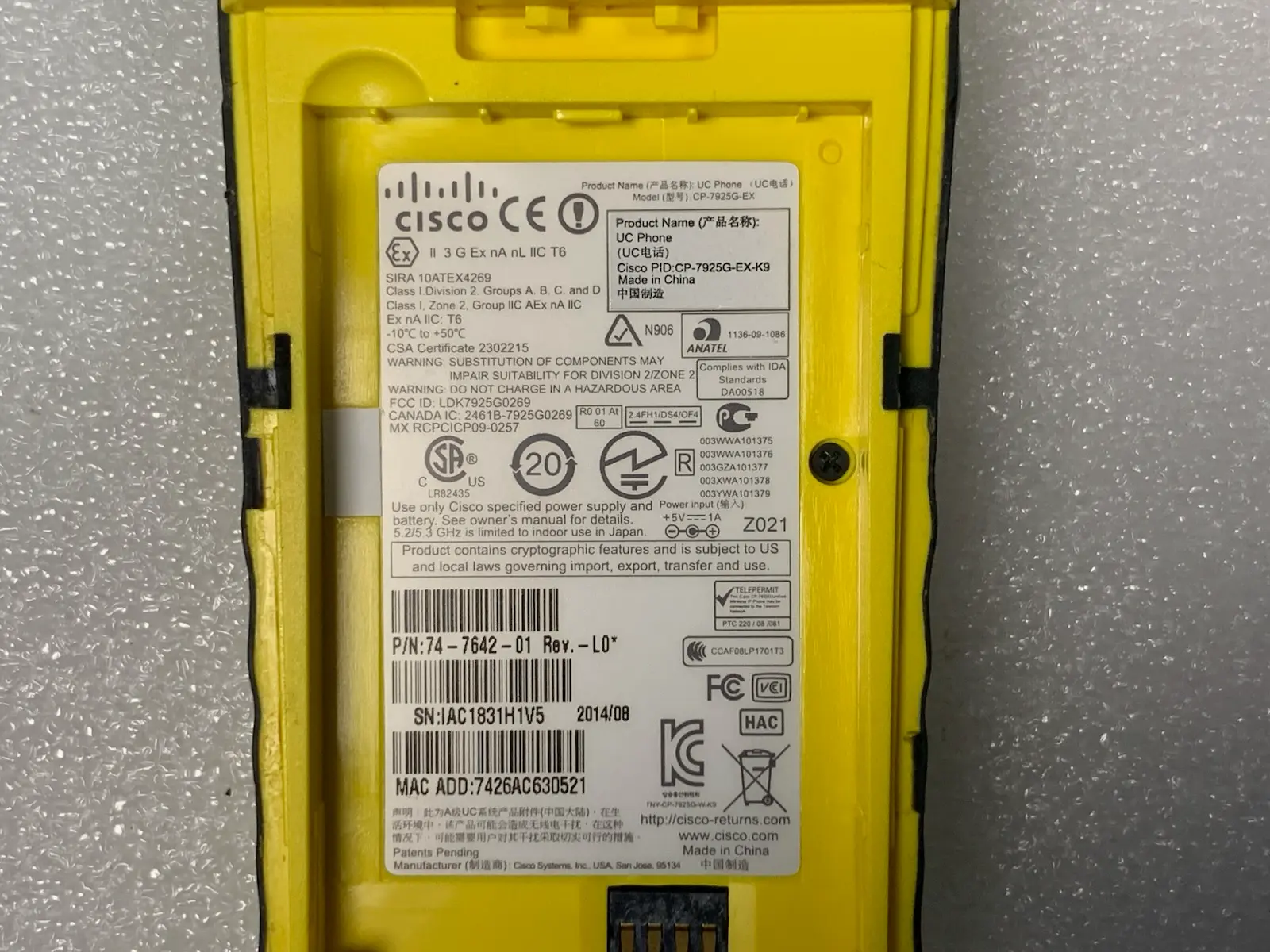 6x Cisco 7925 CP-7925G-EX Unified Wireless IP Phone Bundle Yellow ATEX/IECEx